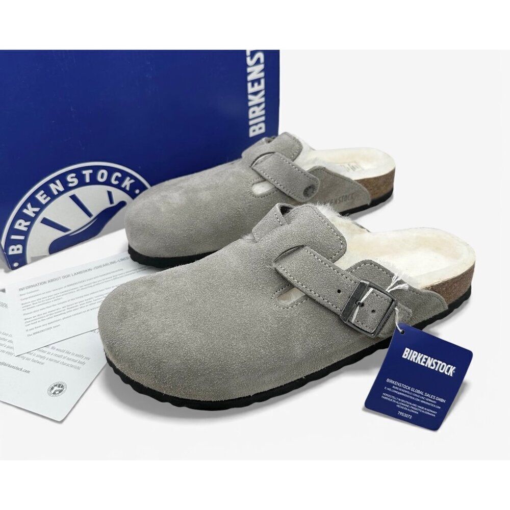 Birkenstock Boston Shearling Suede Clogs Stone Natural EU 41 Fur Lined